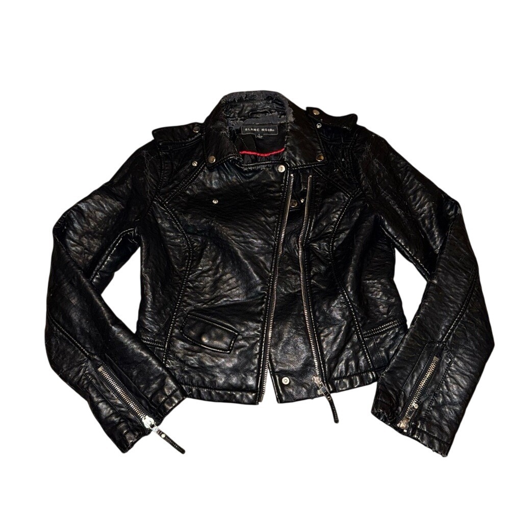 Blanc Noir Womens Black Faux Leather Moto Biker Jacket Size L Asymmetrical‎ Zip